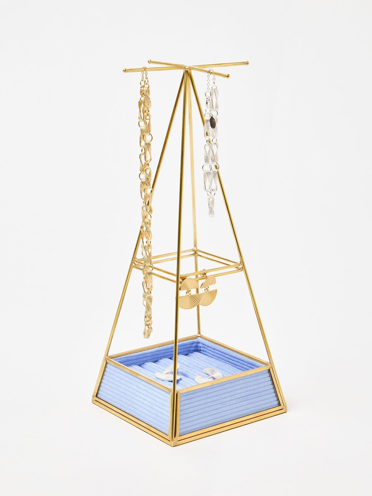 Oliver Bonas Blue Glass and Gold Velvet Pyramid Jewellery Stand
