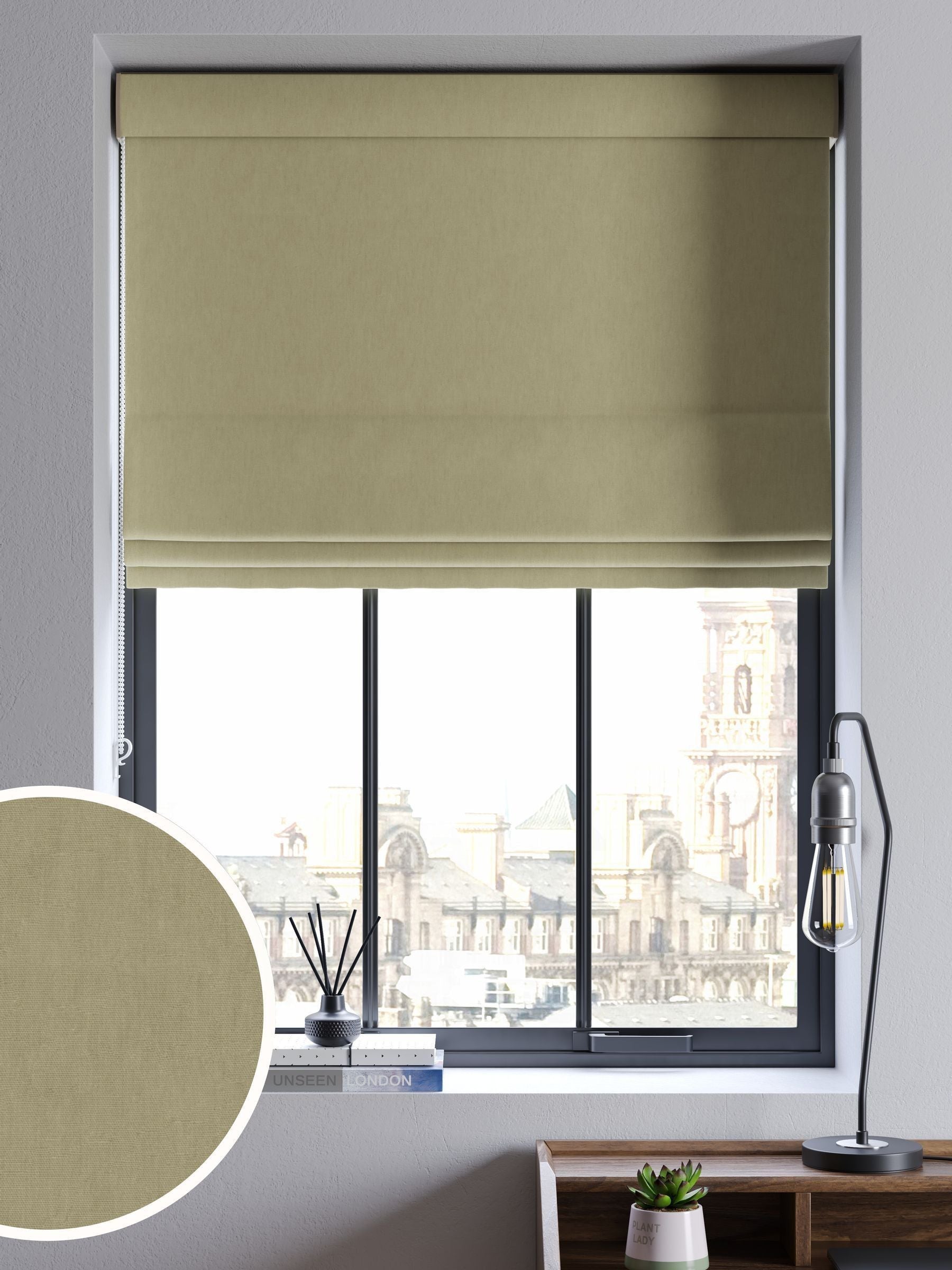 Green khaki roman blind, imported from the UK