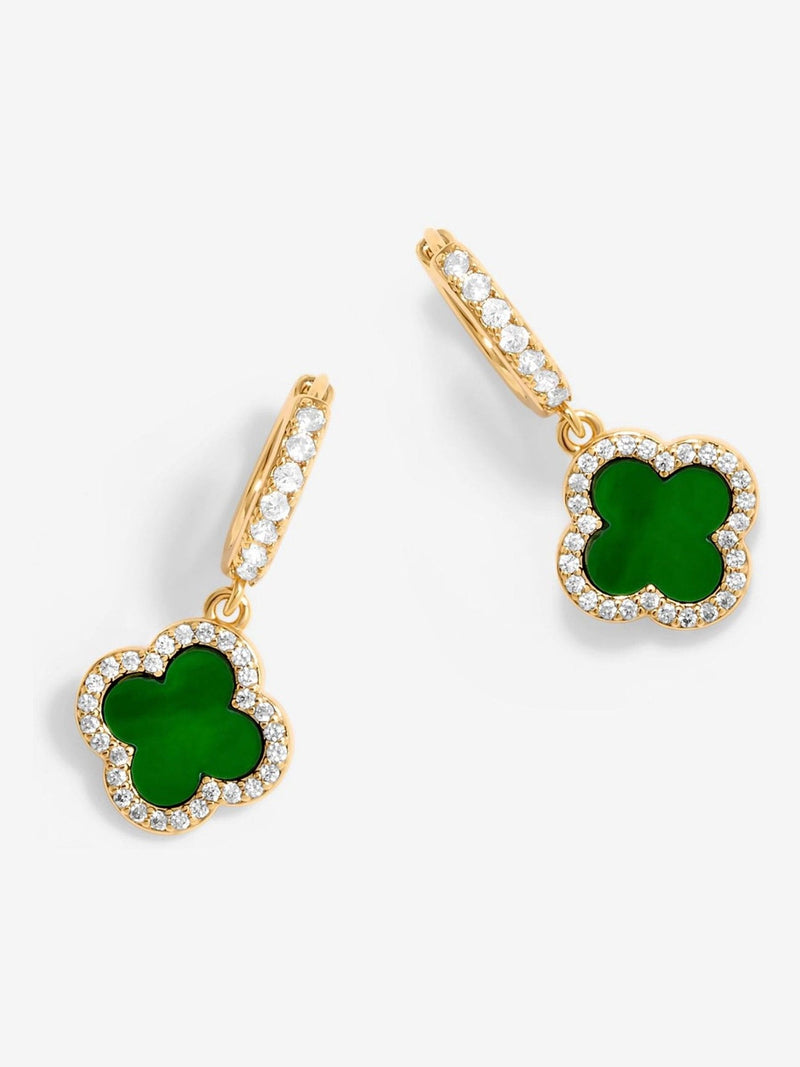 Gold Tone Mother of Pearl Clover Huggie Earrings with Post and Catch Fastening