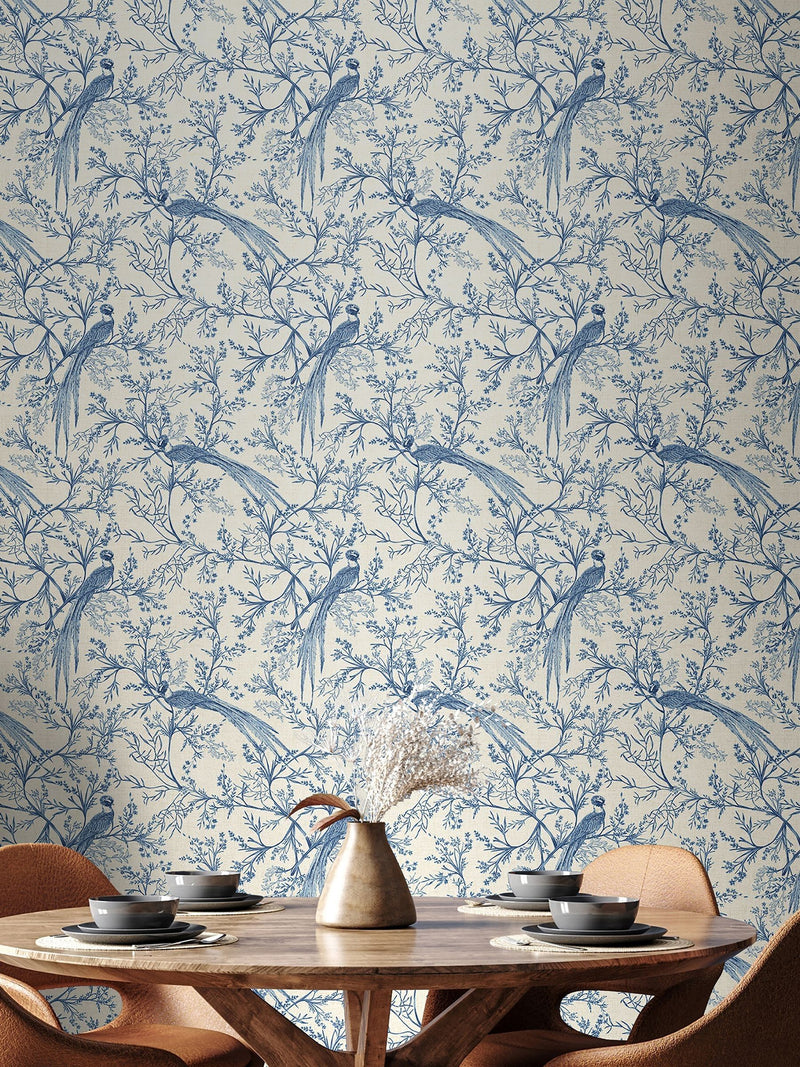 Hoopla Walls Dark Denim Bird Toile Stone 10M Wallpaper