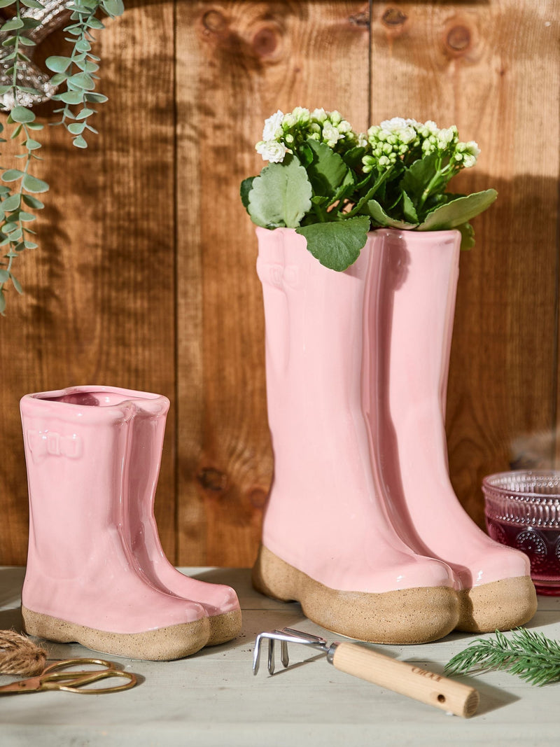 Dibor pink wellington boot ceramic planter high gloss - British product