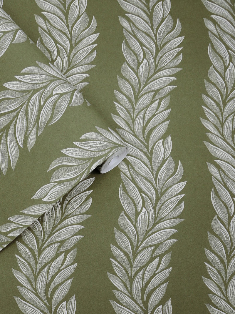 Laura Ashley Olive Green Caulderton Leaves wallpaper sample A4 (British brand)