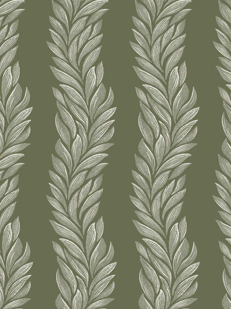 Laura Ashley Olive Green Caulderton Leaves wallpaper sample A4 (British brand)