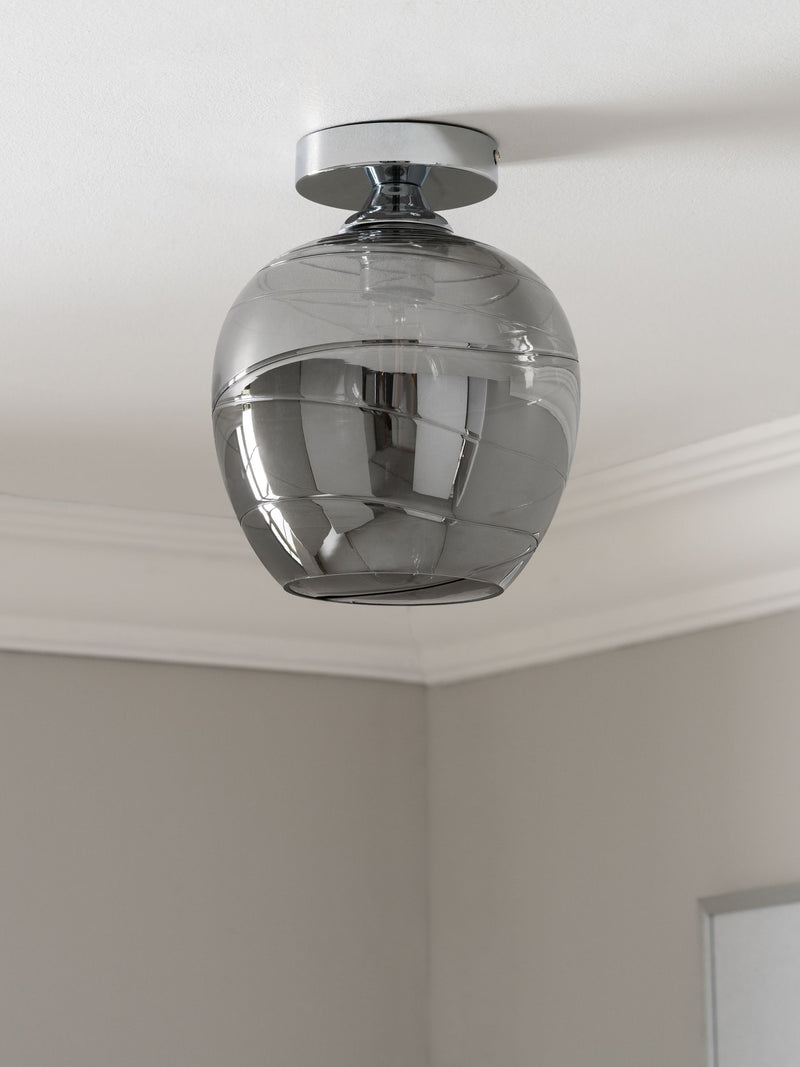 Smoke Grey Drizzle Flush Ceiling Light with hand drizzled glass, imported from the UK