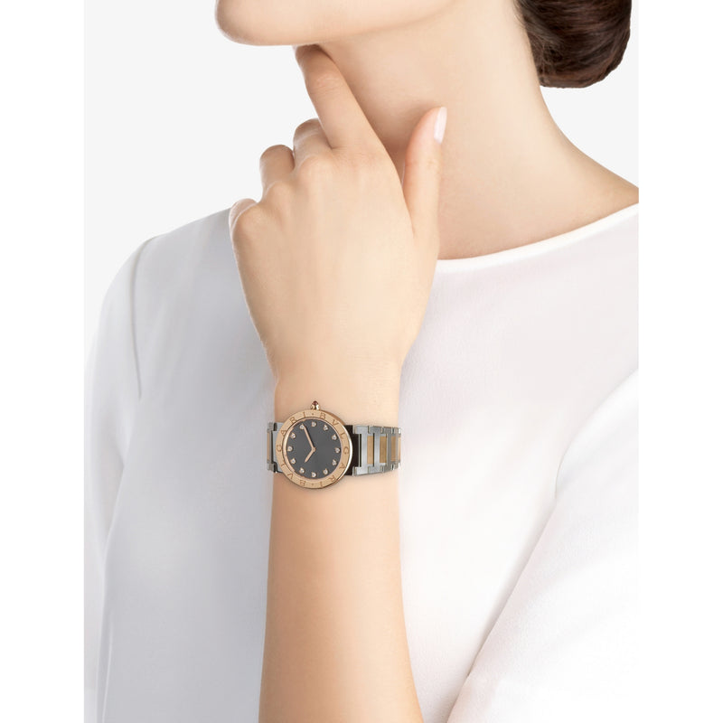 Bvlgari stainless steel rose gold diamond quartz watch, UK version