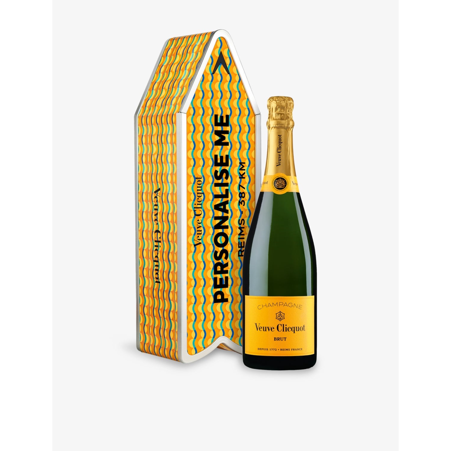 Veuve Clicquot Brut Yellow Label 750ml champagne with Arrow tin (British brand)
