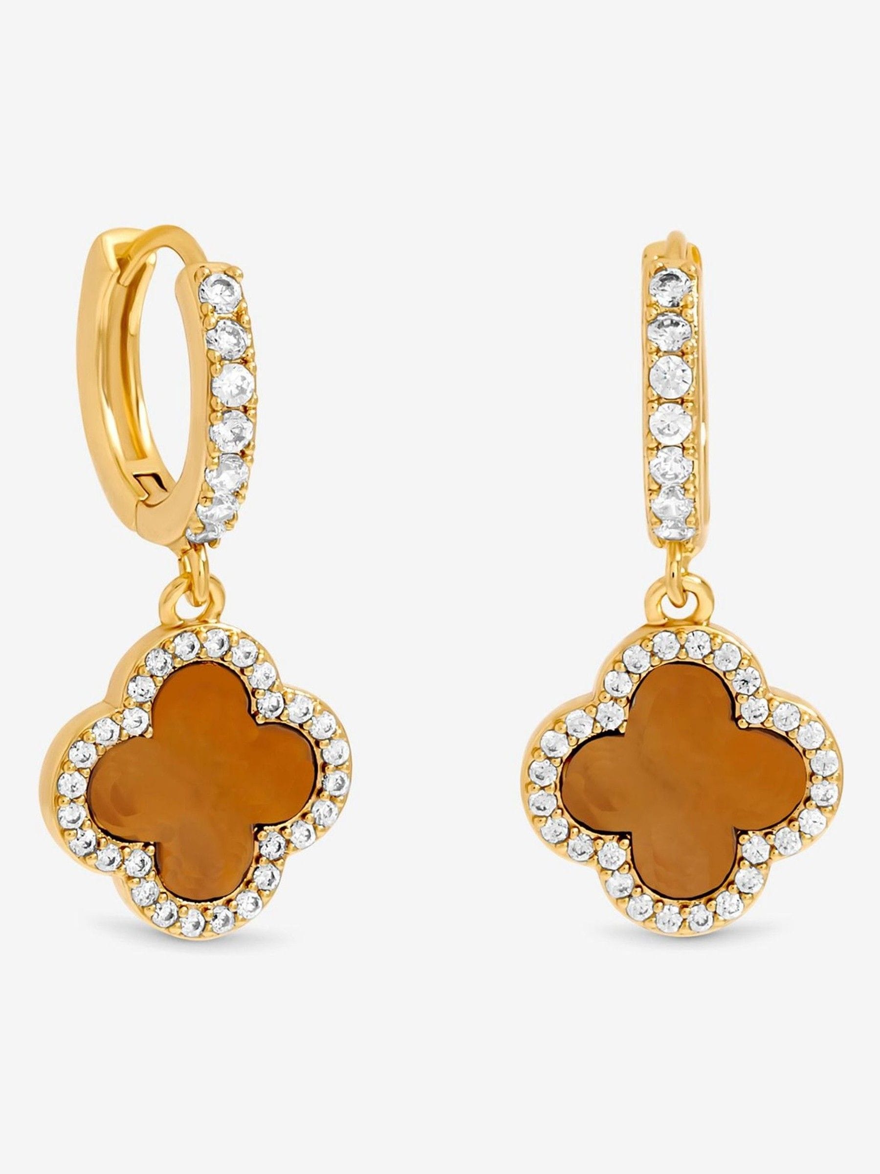 Gold Tone Mother of Pearl Clover Huggie Earrings with Post and Catch Fastening
