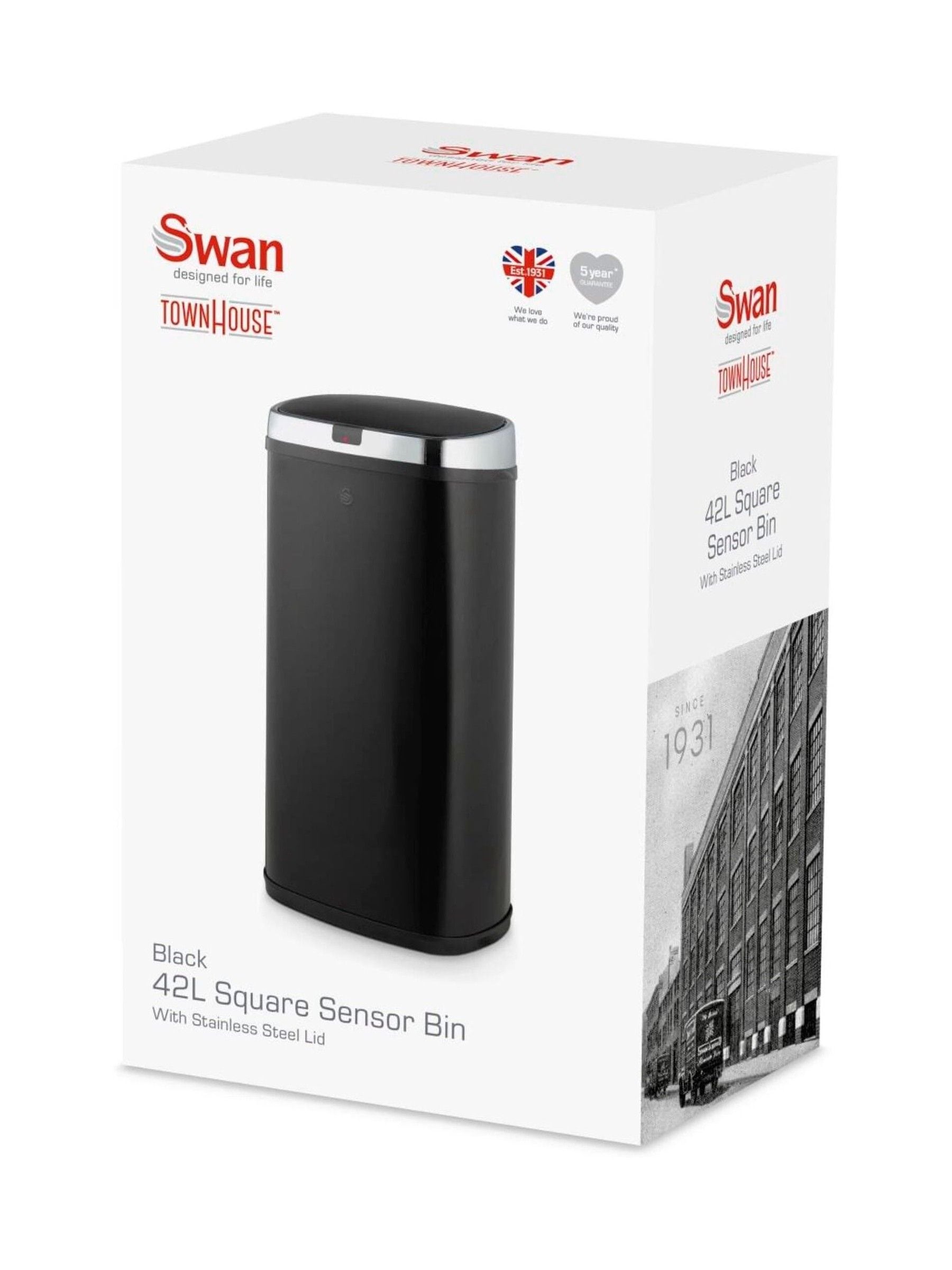 Swan black square sensor bin 42L (British brand)