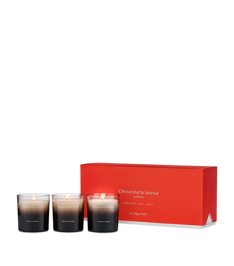 Ormonde Jayne Amberesque candle gift set with three 170g candles, imported from the UK