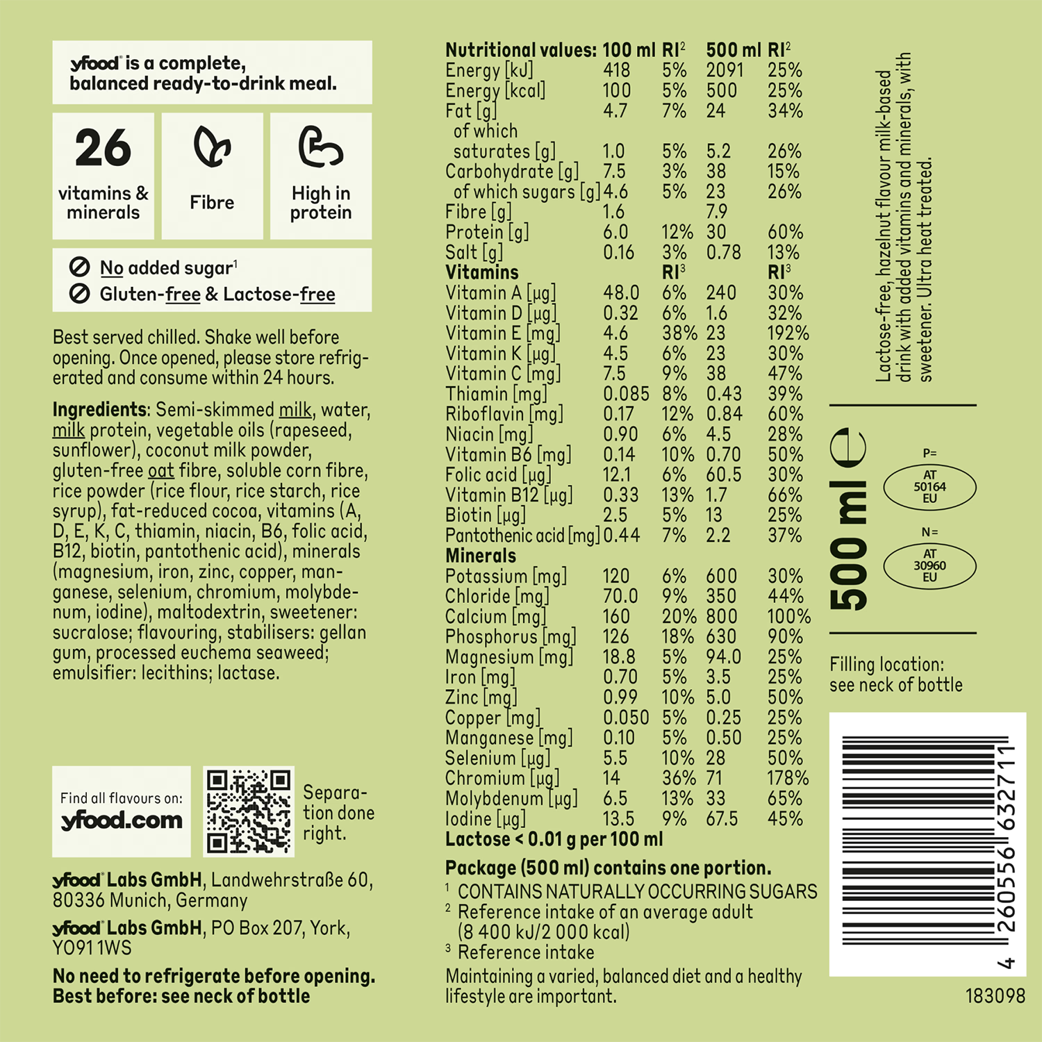 Yfood heavenly hazelnut meal drink 6x500ml - British product